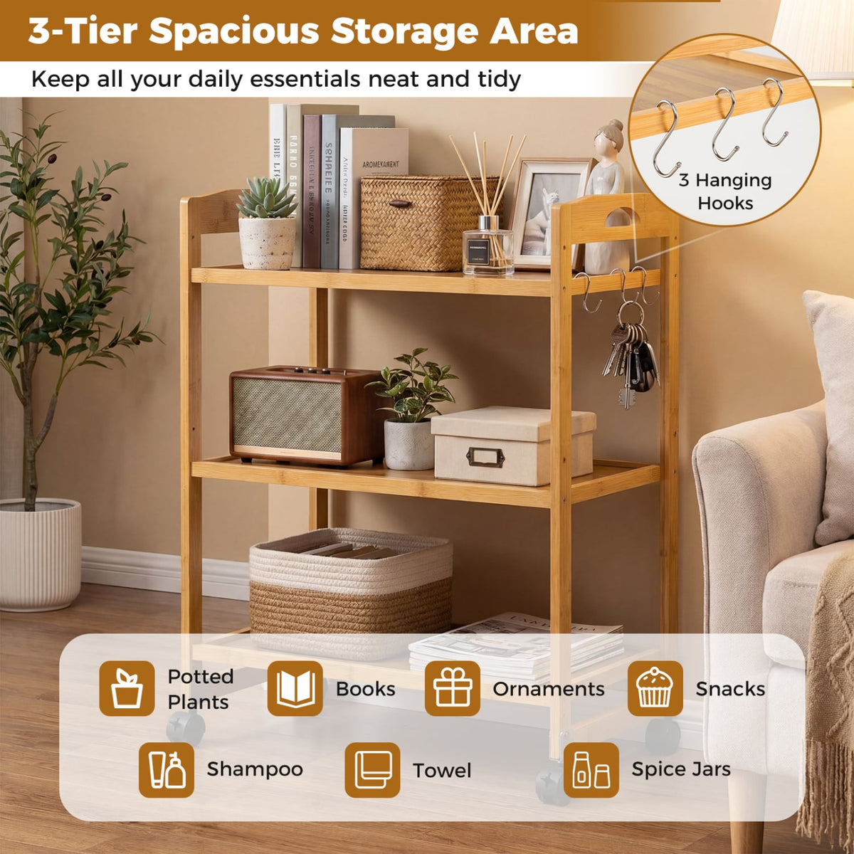 3-Tier Bamboo Rolling Storage Cart