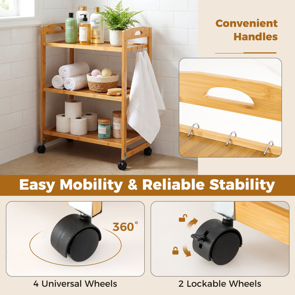 3-Tier Bamboo Rolling Storage Cart