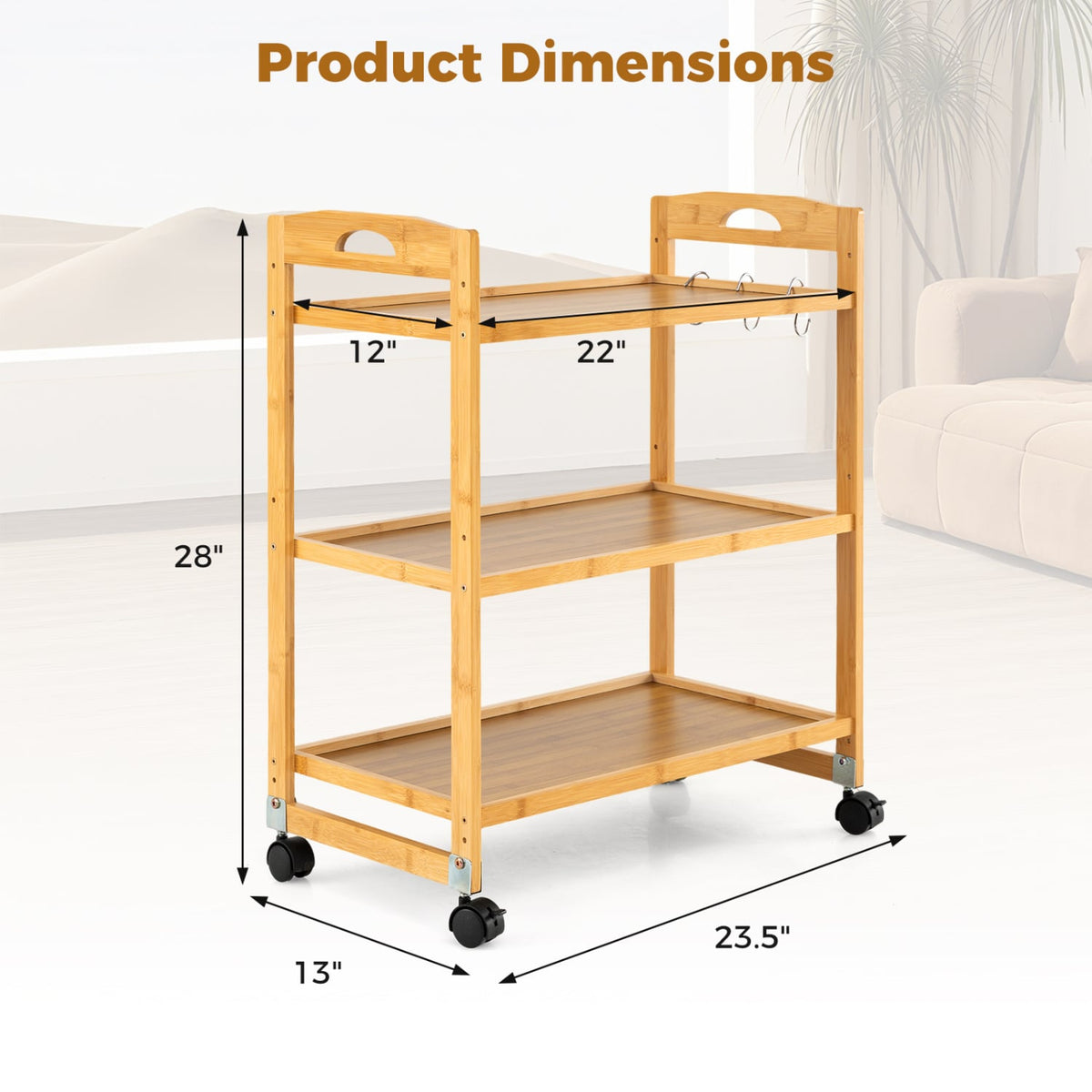3-Tier Bamboo Rolling Storage Cart