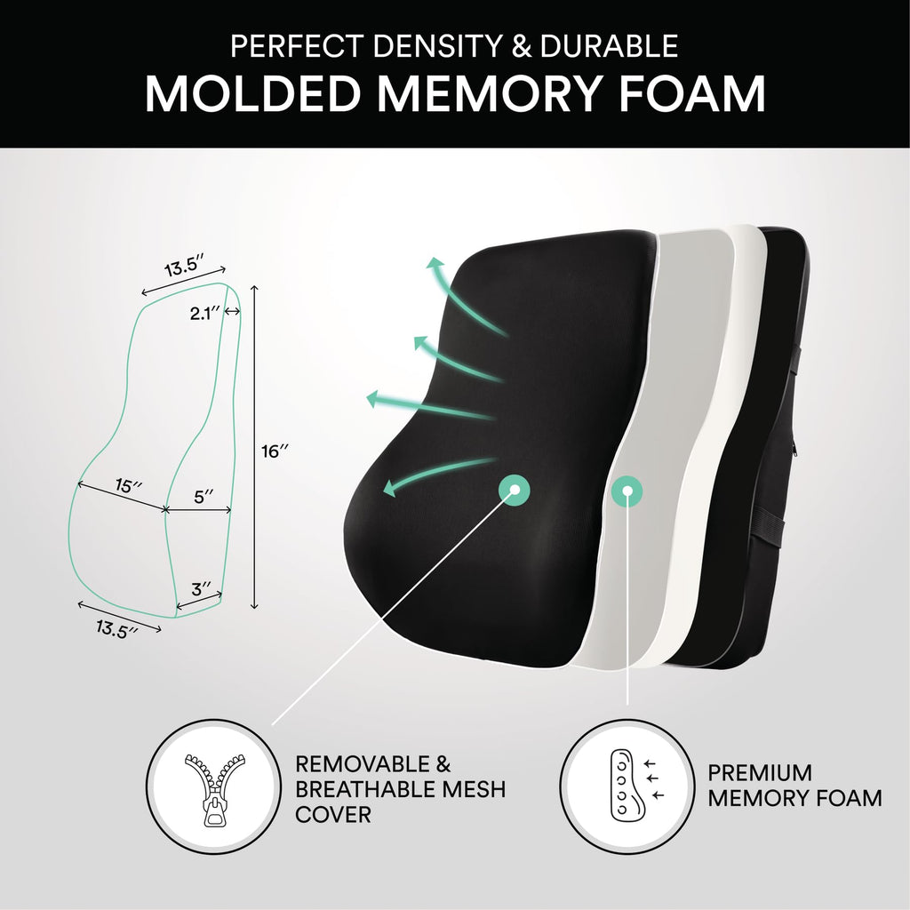 ObusForme Memory-Foam Lumbar Pillow Back Cushion – Dual-Strap Support for Office Chair, Car Seat & Gaming Chair, Breathable Washable Cover, Reversible Upper/Lower-Back Design, Black